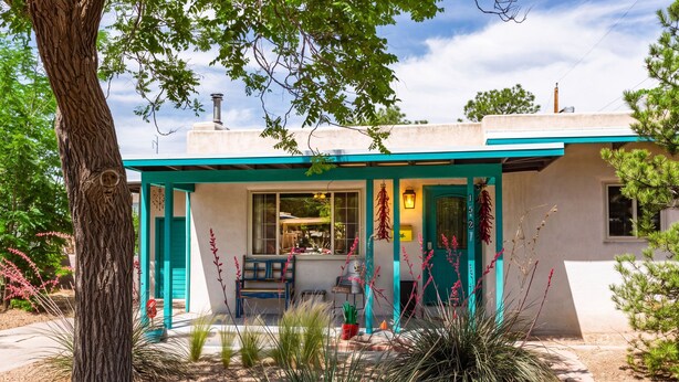 A house with a porch, a window, and a door. - Casa Hermosa - Artisan Touches, Modern Kitchen (Albuquerque)