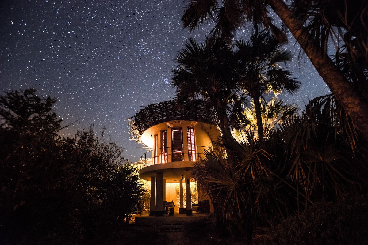 Un edificio circular con balcón, rodeado de palmeras bajo un cielo estrellado.