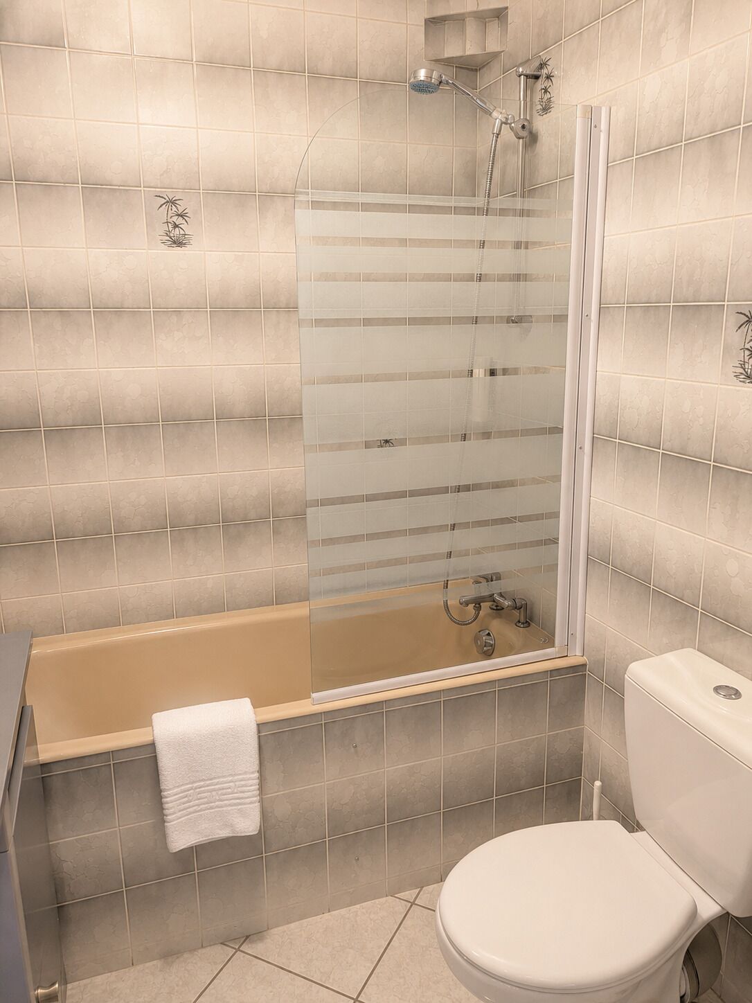 Un baño con ducha de vidrio, bañera y retrete.