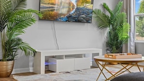 Un saló modern amb un moble blanc per a l'equip d'àudio, plantes grans en testos, una taula de centre rodona i un televisor gran penjat a la paret.
