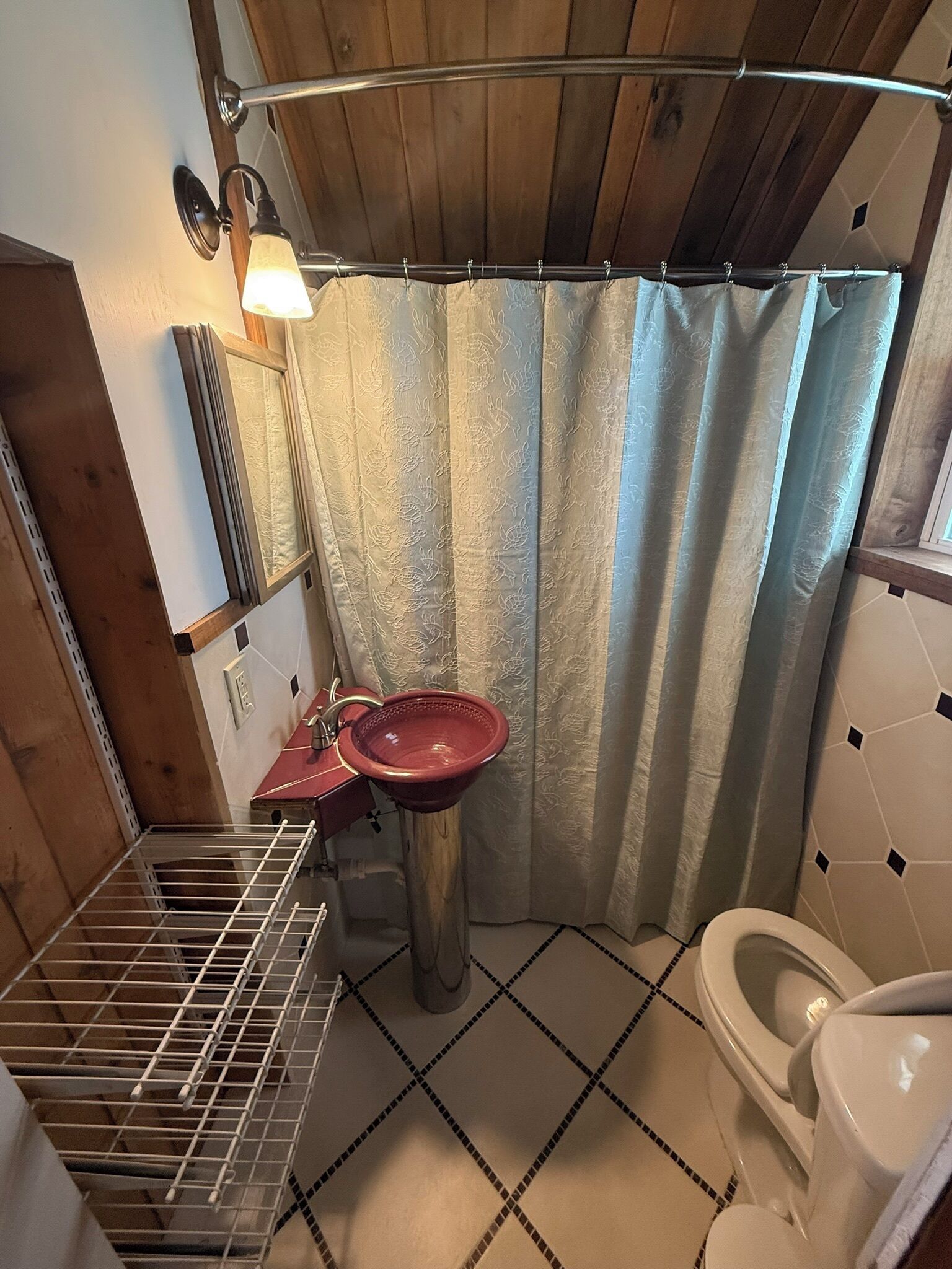 Ein Badezimmer mit Holzboden, einem roten Waschbecken, einer weißen Toilette und einer Duschvorhang.