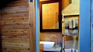 Um banheiro no estilo de cabana de madeira, com parede de madeira, pia, espelho e porta-toalhas.