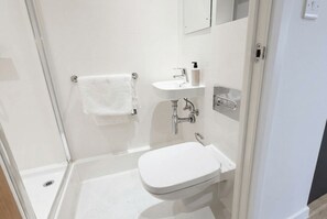 Ein modernes Badezimmer mit Duschkabine aus Glas, einem weißen Waschbecken und einer Toilette.