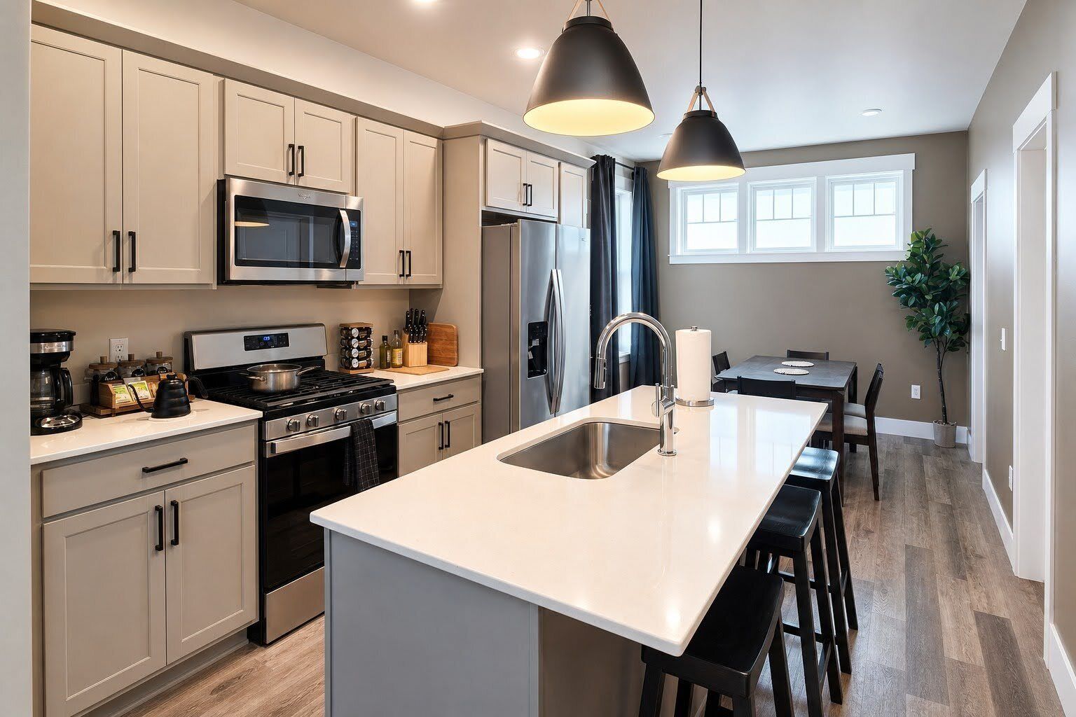 A modern kitchen with a central island, stainless steel appliances, and pendant lighting.