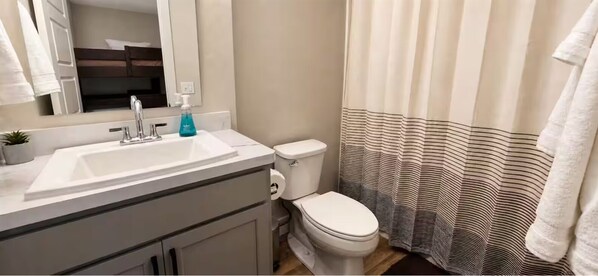A bathroom with a white sink, a mirror, a toilet, and a striped shower curtain.