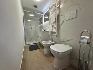 Shower, hair dryer, bidet, toilet paper