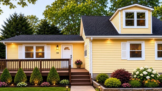 Une maison à deux étages avec un porche à l’avant, une boîte aux lettres et une pelouse bien entretenue.