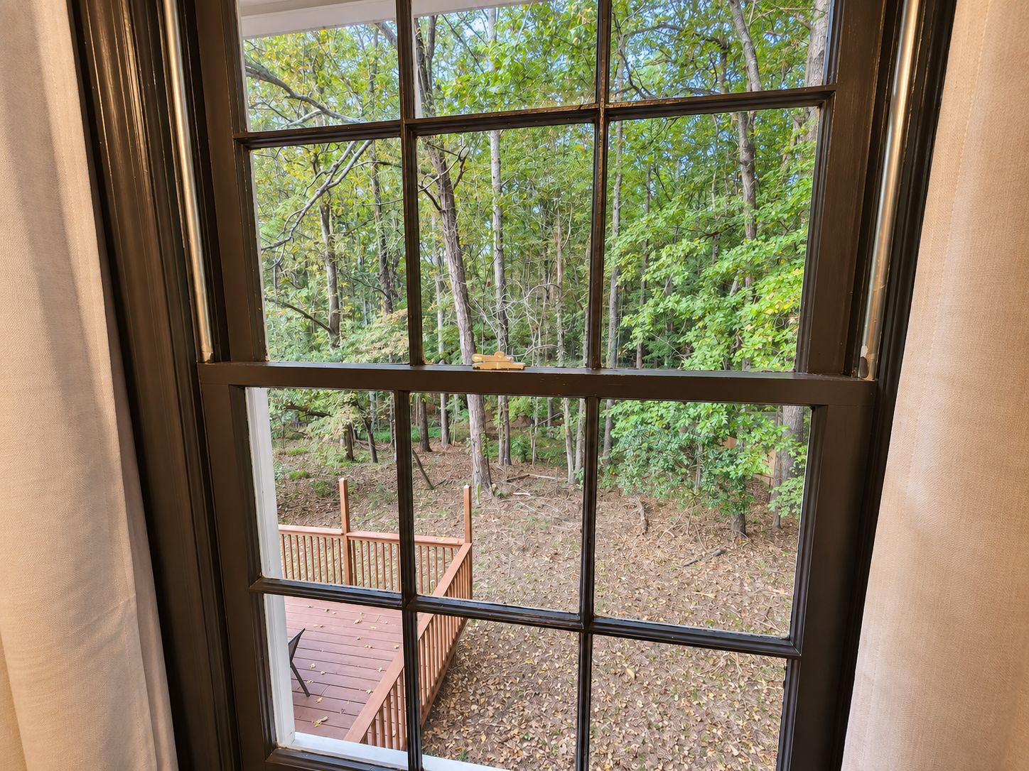 A window with a view of a wooded area and a wooden deck.