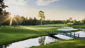 A golf course with a pond, a bridge, and a flag.