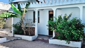 A building with a white exterior, multiple doors, and potted plants in front. - Primavera Jambiani (Jambiani)