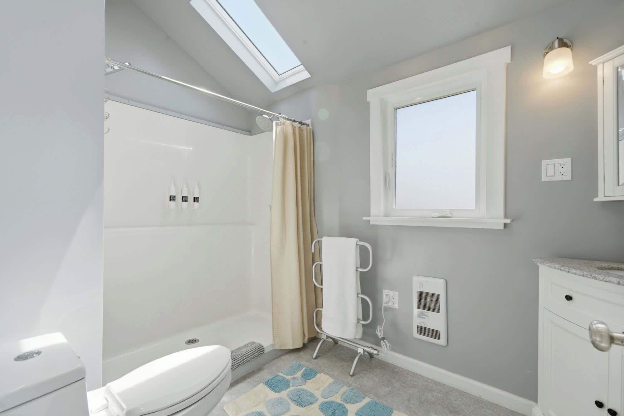 A bathroom with a skylight, a shower, a toilet, a towel rack, a window, and a sink.