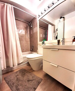 Sèche-cheveux, serviettes fournies, savon, papier toilette