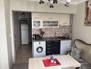 A compact kitchen with a washing machine, a coffee maker, and a sink. - Santa Sophia Apart (İstanbul)