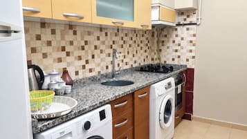 Une cuisine de taille réduite, équipée d’un lave-linge, d’un évier et de meubles de rangement en bois.
