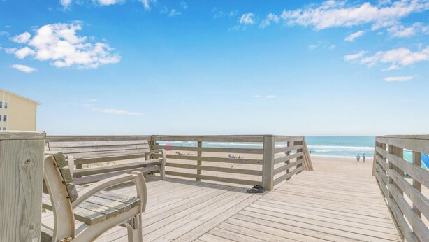 A wooden pier leading to a beach with a clear sky. - Suite + Loft, Pool & Stunning Ocean Views! (Surf City)