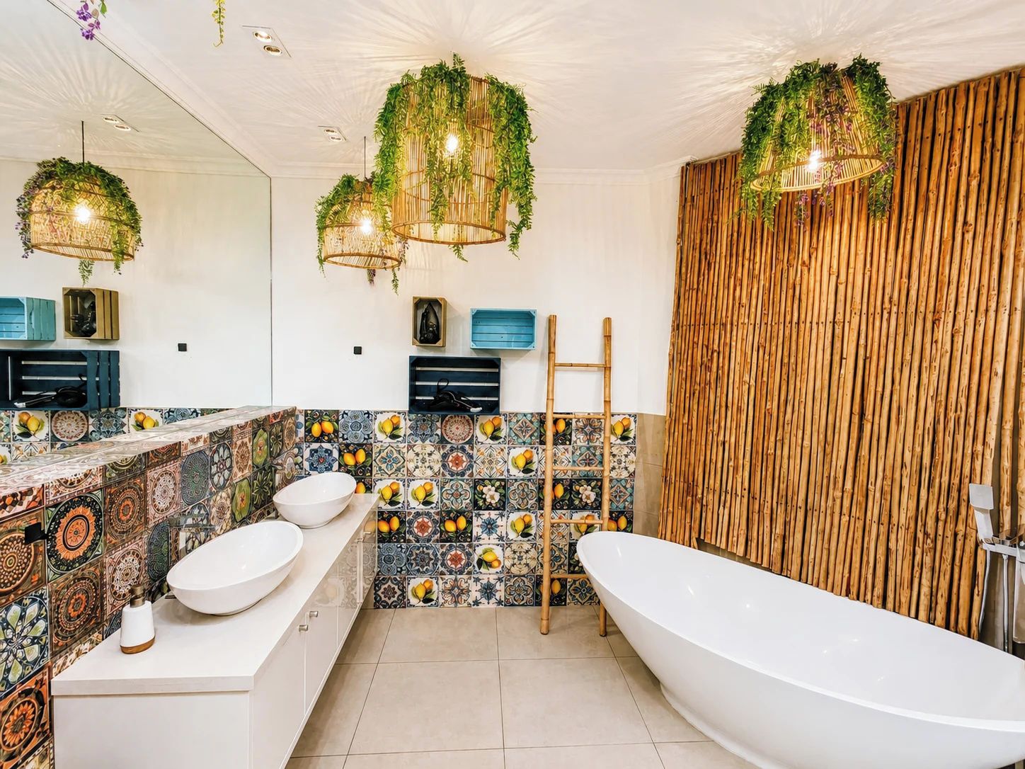Ein Badezimmer mit einer freistehenden Badewanne, einem großen Spiegel und einer Fliesenrückwand mit Obstmotiven.
