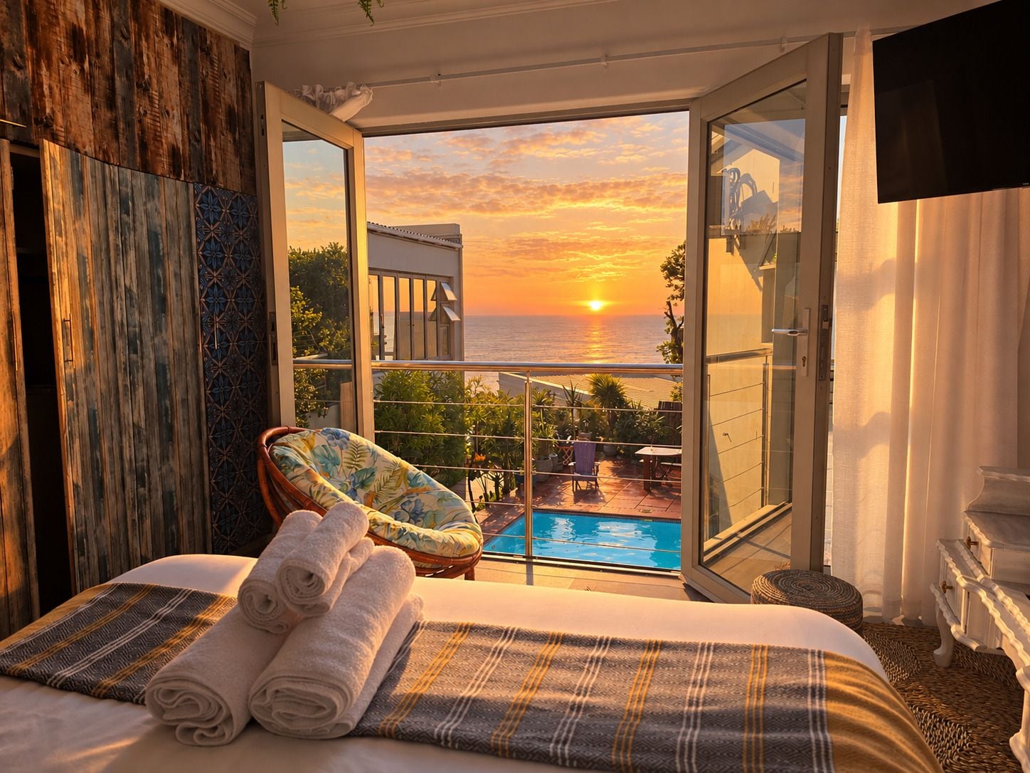 A bedroom with a bed, a chair, a pool, and a view of the sunset.