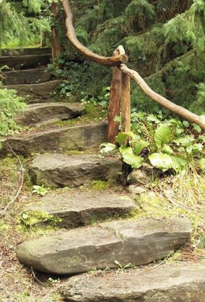 Un escalier en pierre, situé dans une zone boisée, dont les marches sont recouvertes de mousse et qui est agrémenté d’un poteau en bois.