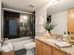 Shower, hair dryer, towels, soap - Highrise Riverview + Flats + Balcony + Parking (Cleveland)