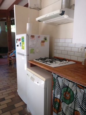 Een kleine keuken met een koelkast, een gasfornuis en een vaatwasser.