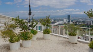 Eine Dachterrasse mit Topfpflanzen, einer hängenden Leuchte und Blick auf die Stadt im Hintergrund.