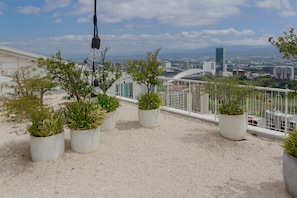 Eine Dachterrasse mit Topfpflanzen, einer hängenden Leuchte und Blick auf die Stadt im Hintergrund.