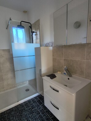 Un baño con ducha, lavabo y espejo.