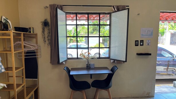 Een kamer met raam, bureau, twee stoelen, plank met kledinghangers en een kleine plant.
