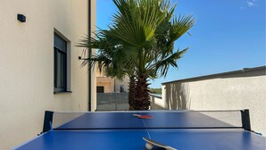 A blue ping pong table with a net, a paddle, and a ball. - Gorgeous home in Medulin (Medulin)