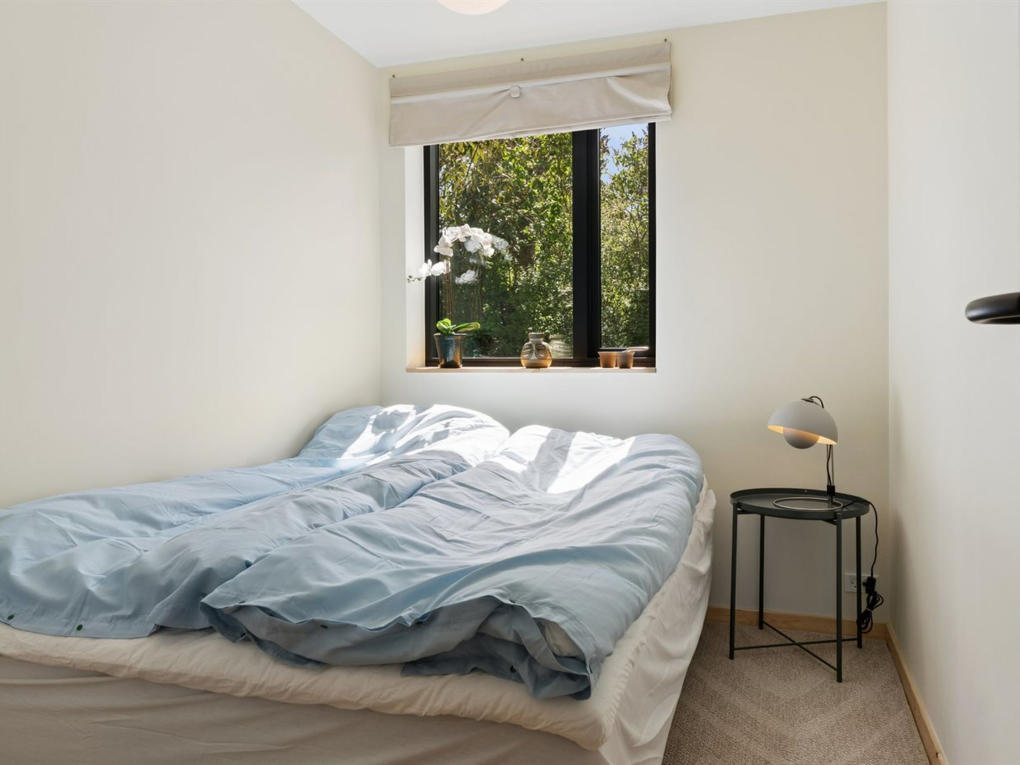 Et soveværelse med seng, et vindue med planter og en lampe.