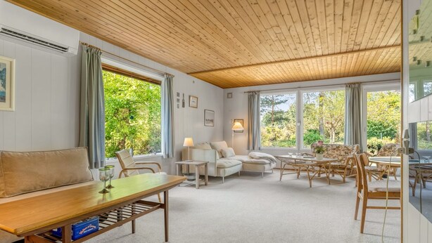 Een ruime woonkamer met houten plafond, grote ramen, een bank, een eettafel en een televisie.