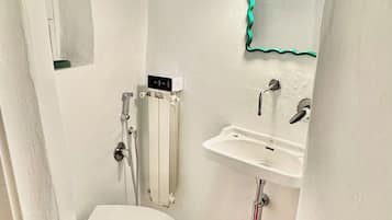 Un bagno piccolo ma funzionale, con il water, un lavandino e una doccia.
