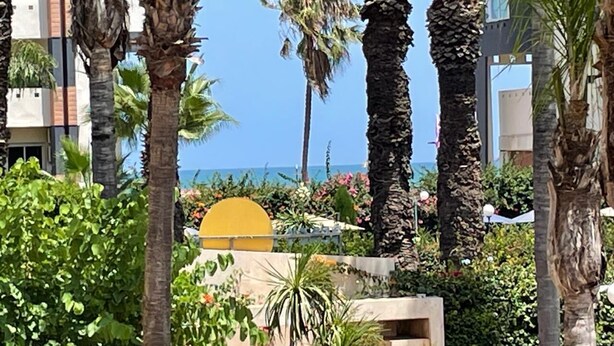A resort area with palm trees, a pool, and a view of the ocean.