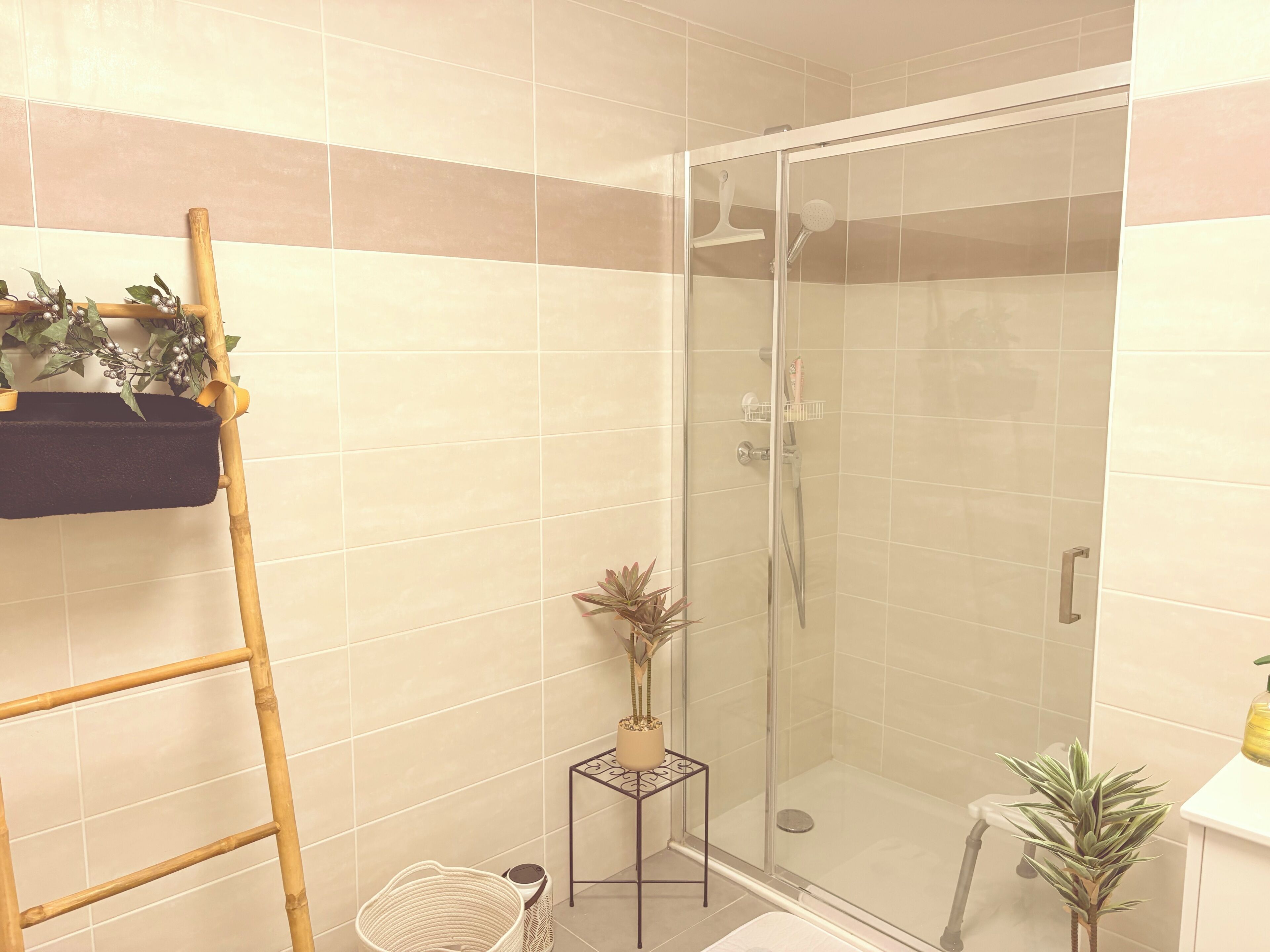 Douche, sèche-cheveux, serviettes fournies, savon