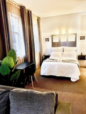 Una habitación de hotel con cama, escritorio, silla y una planta grande.