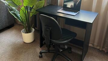 A room with a desk, a laptop, a potted plant, and a chair.