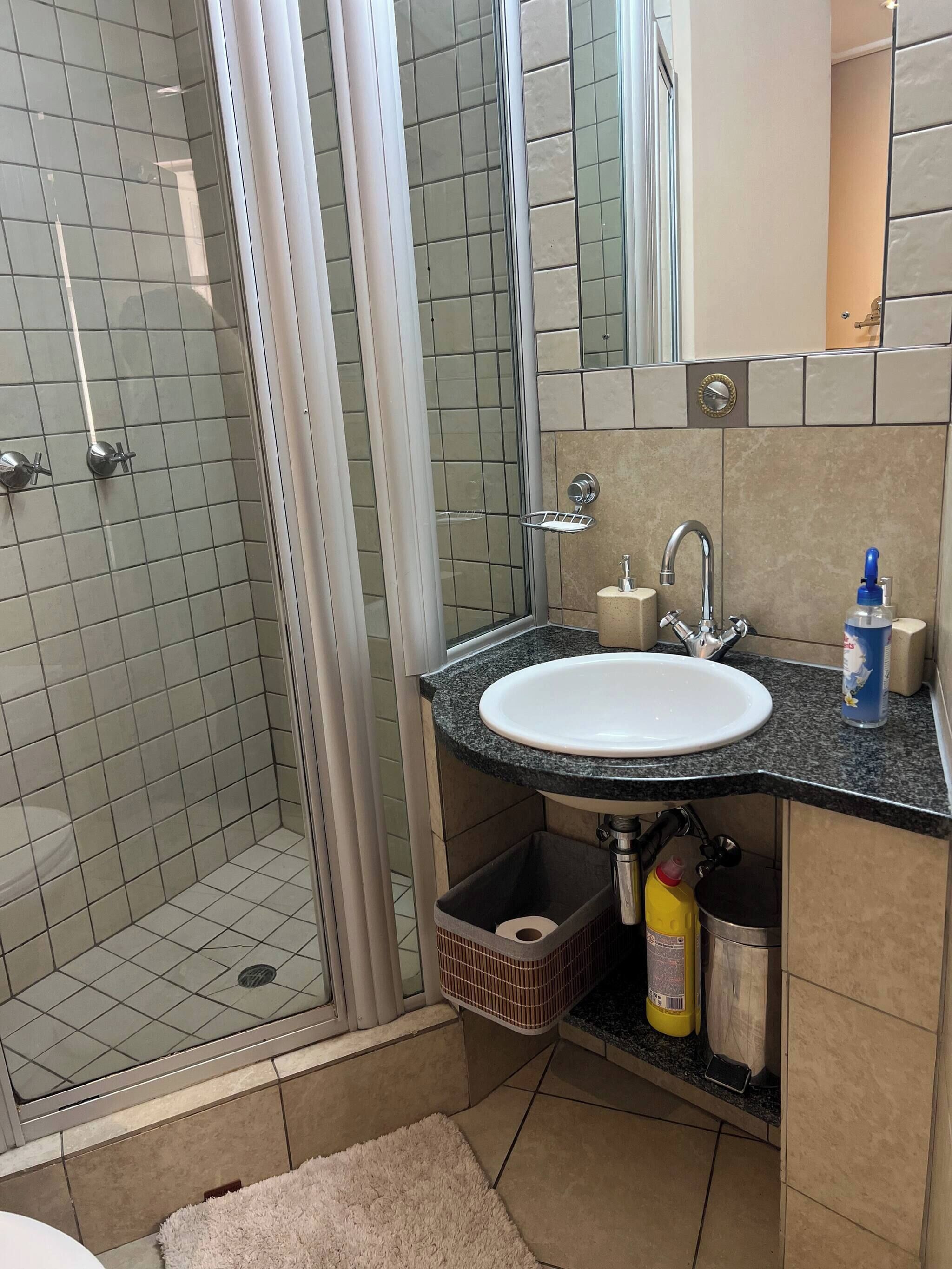 Une salle de bain dotée d’une douche à parois de verre, d’un lavabo avec un plan de travail en granit et d’un miroir au-dessus du lavabo.