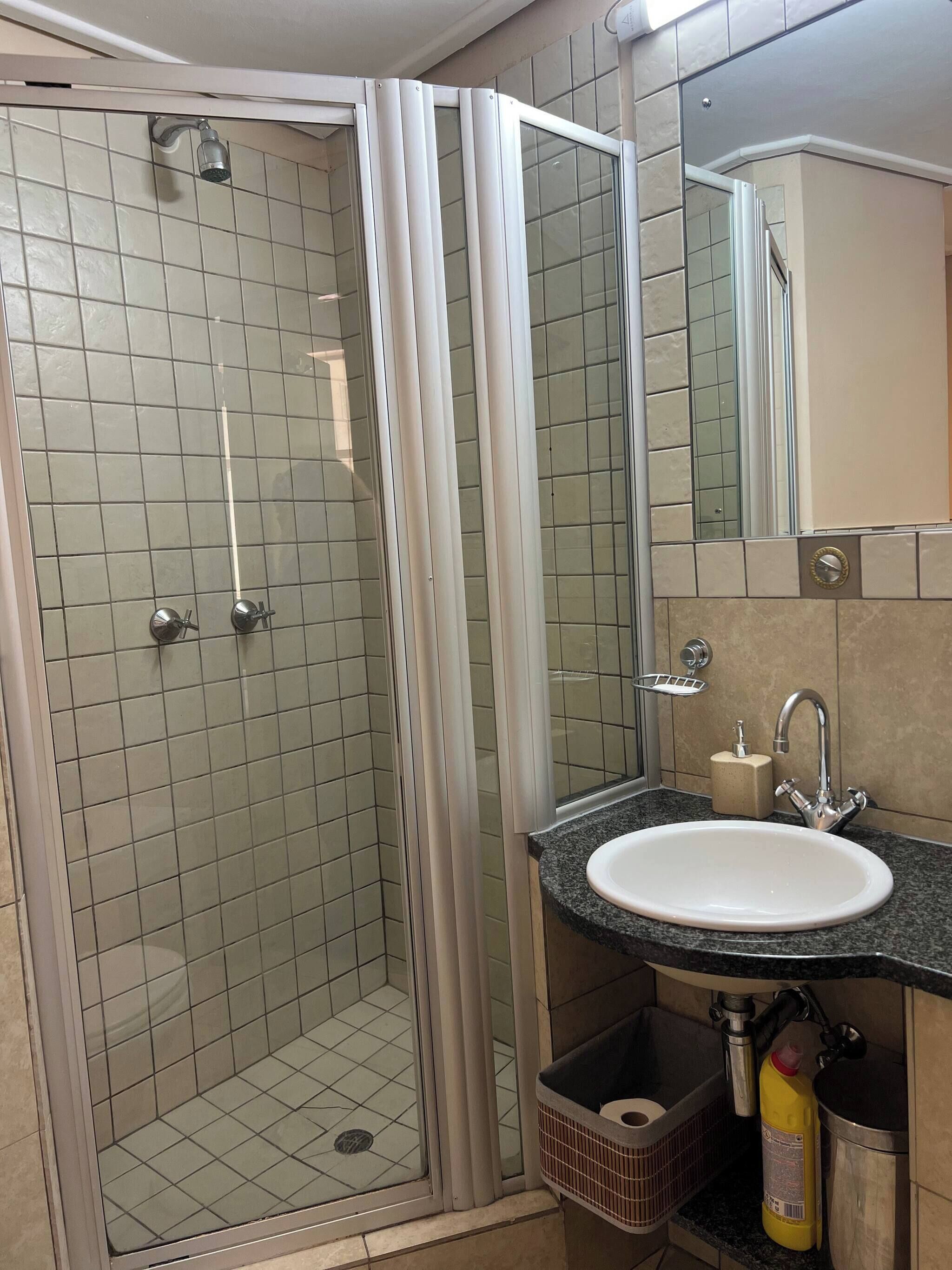 A bathroom with a shower, sink, and mirror.