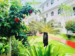 Ein üppiger Garten mit einer Palme, roten Blüten und einem Weg, der zu einem weißen Gebäude mit Bogenfenstern führt.