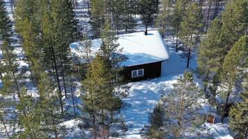 Une cabane entourée de terre enneigée et de grands pins.