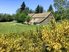 Ein Haus aus Stein mit einem geneigten Dach, umgeben von einer grünen Wiese und Bäumen.