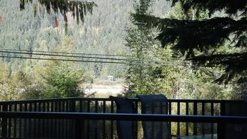 A view from a balcony with a railing, overlooking a forested area with a building in the distance.