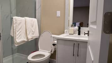 Une salle de bain comprenant des toilettes, une douche à parois de verre et un lavabo avec un miroir au-dessus.