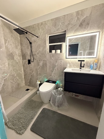 A modern bathroom with a shower, toilet, vanity, and a mirror.. Single Bedroom with Bathroom and AC