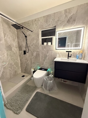 Ein modernes Badezimmer mit Dusche, Toilette, Waschtisch und Spiegel.