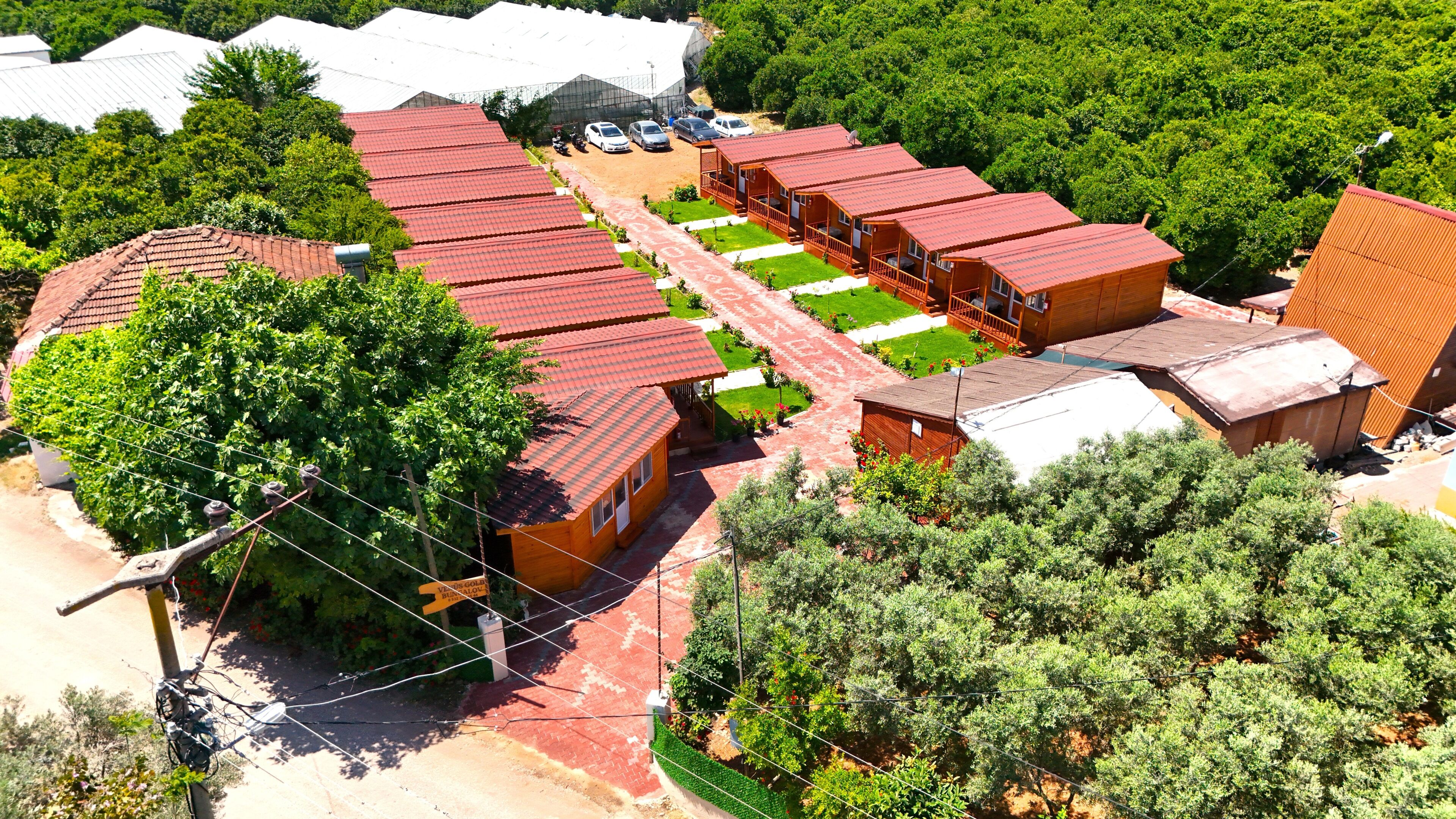 Une rangée de cabanes en bois aux toits rouges, entourées de verdure et d’arbres.