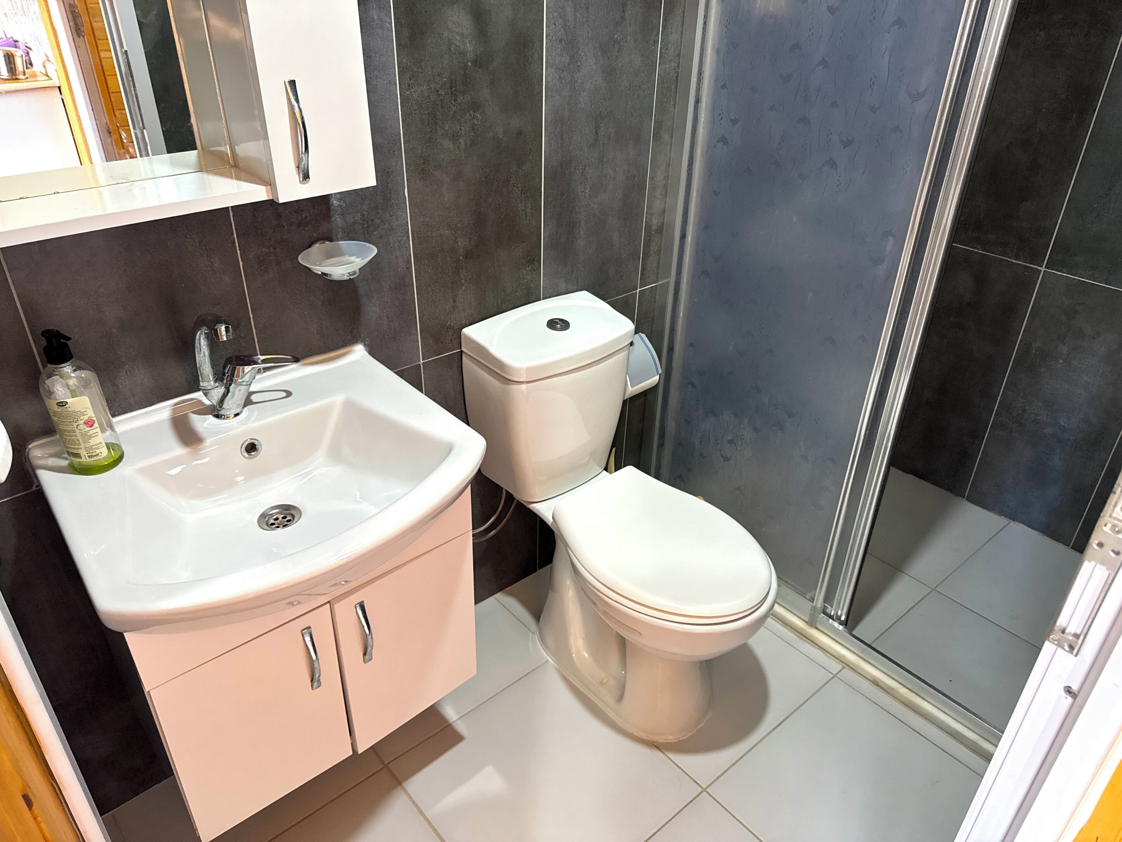 A bathroom with a sink, toilet, and shower.