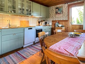 Una cocina con lavavajillas, horno y armarios de madera.