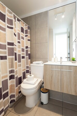 Sèche-cheveux, serviettes fournies, shampoing, papier toilette