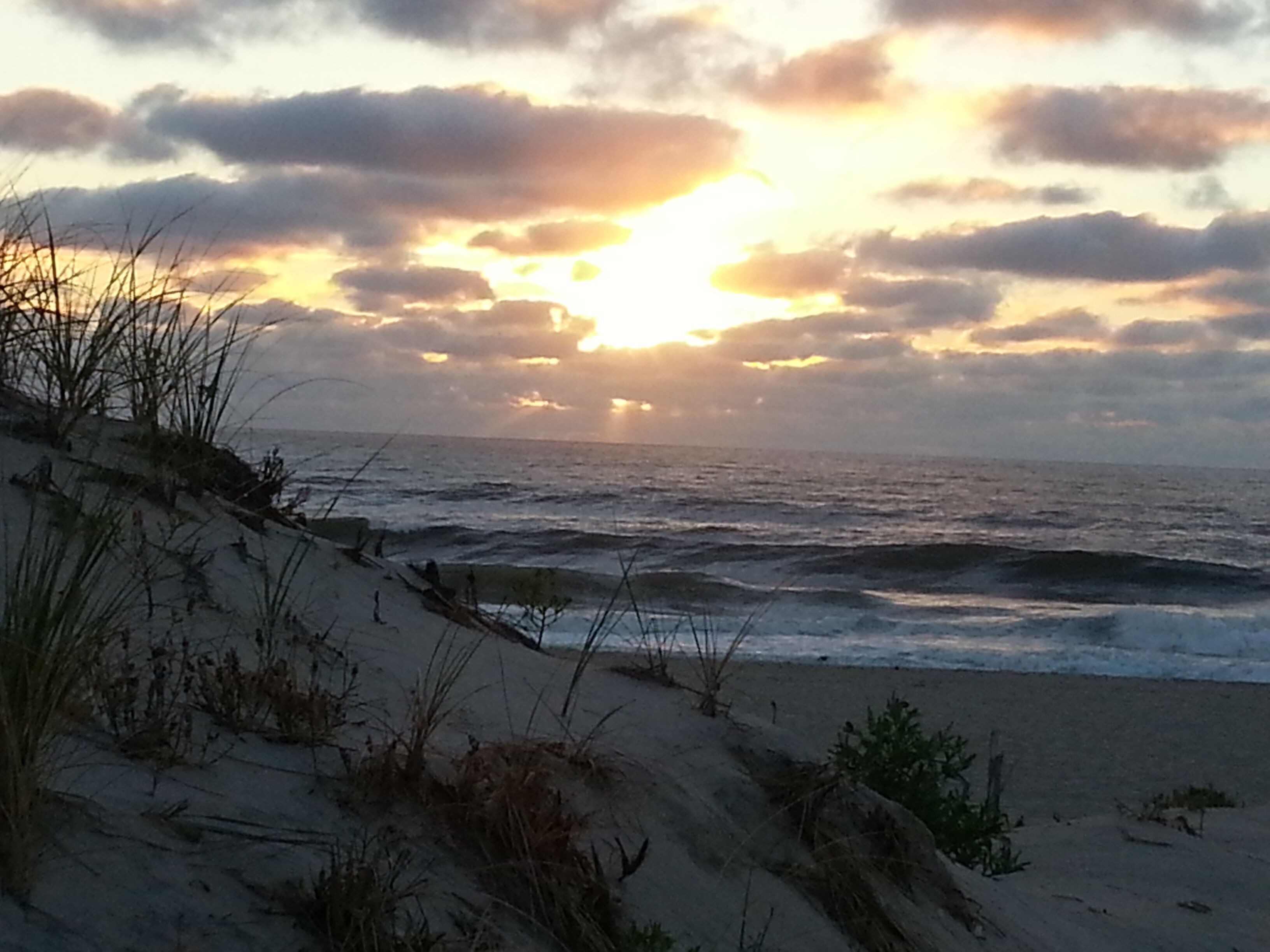 A beach with sand dunes and ocean waves.